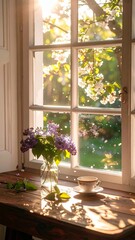 Cozy White Wooden Desk with Lilacs and Garden View