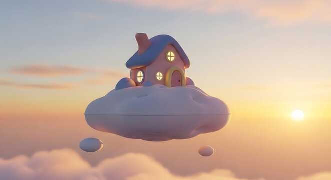 Adorable 3D whimsical house floating on a fluffy cloud against a magical golden hour sunset sky. This pastel dreamscape offers comfort, fantasy, and imagination