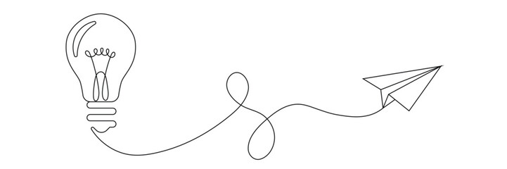 Continuous one line drawing of a lightbulb connected to a flying paper plane innovation concept. Editable stroke. Doodle hand drawn vector illustration © SomDraw