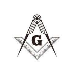 A black and white depiction of a masonic square and compass emblem