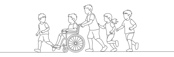 Continuous one line drawing of diverse children playing together including boy in a wheelchair outdoors. Editable stroke. Doodle hand drawn vector illustration