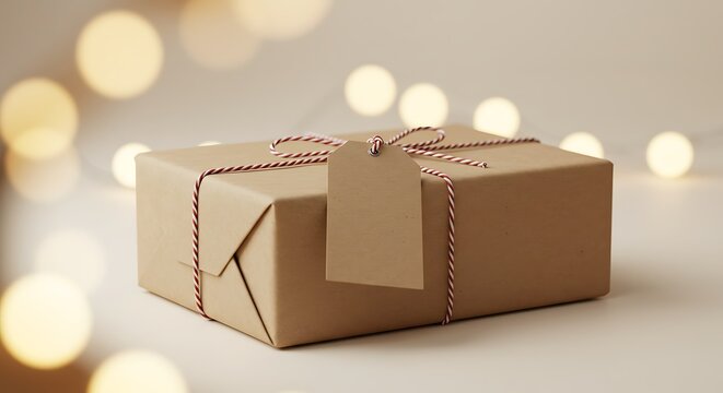 Wrapped gift box with tag against soft bokeh background