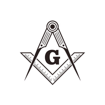 A black and white depiction of a masonic square and compass emblem