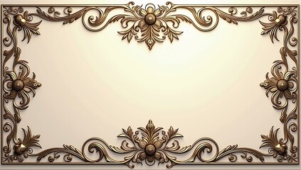 Fototapeta premium Ornate Decorative Frame with Floral and Scrollwork Design on Beige Background.