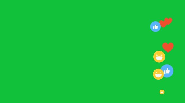 Social Media Live Stream Reactions Overlay with Floating Hearts, Likes, and Laughing Emojis on Green Screen Background