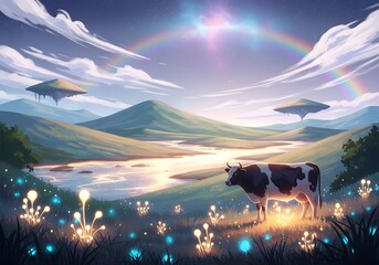 Naklejka premium Peaceful cow standing in an ethereal fantasy valley with glowing flora, a winding river, floating islands, and a vibrant rainbow under a starry sky.