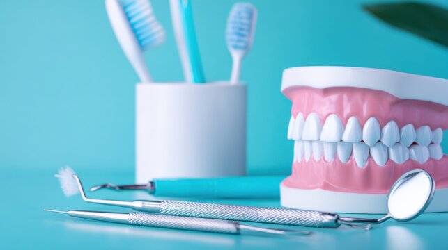 Dental clinic scene with toothbrushes, dental instruments, and a full set of dentures on a blue background hue