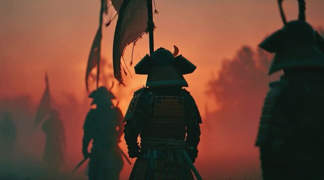 Samurai warriors at sunset battlefield isolated white background