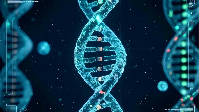 Detailed blue dna helix rotates with glowing base pairs and floating molecular markers, clinical biotech visualization of genome sequence and molecular structure for research and education.