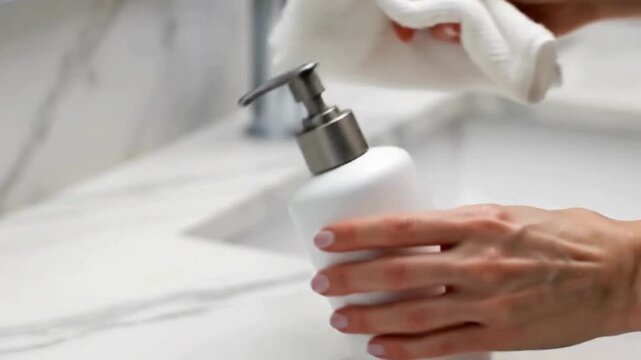 Woman cleaning white soap dispenser with towel for hygiene and spotless bathroom surface