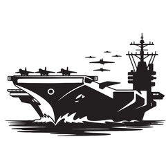 Aircraft Carrier Silhouette Vector with Fighter Jet, Military Navy Illustration