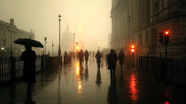 Misty evening rain in quiet city street with people walking, vintage coats, umbrellas, glowing streetlights, dark silhouettes, wet pavement reflecting warm lights