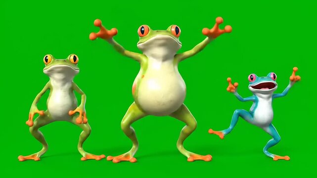 Three comical frogs dancing. Cartoon. Group dance performance, studio shot, vibrant green background. Animal antics. Frolicking amphibians!