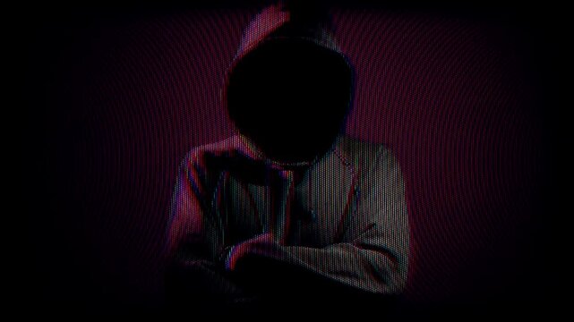 Computer Hacker attack cyber security. Anonymous hacker in hoodie with glitch. Dark web or darknet fraud.