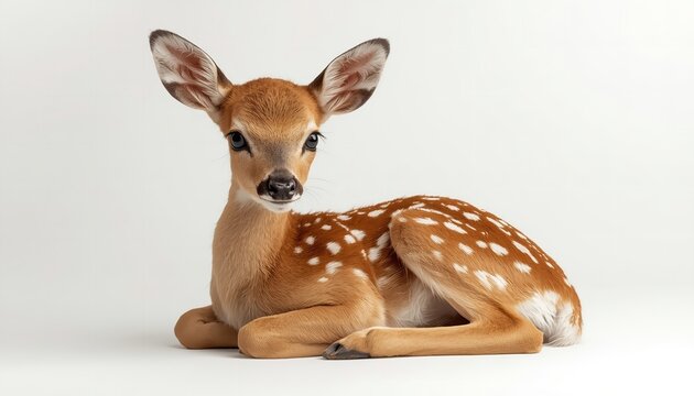 A young deer lies down on a plain background, looking directly at the camera with its large ears perked up.
