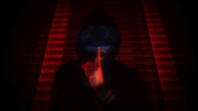Digital Code falling and Computer Hacker attack cyber security. Anonymous hacker in hoodie with glitch. Dark web or darknet fraud.