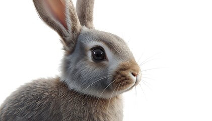 Obraz premium A close-up portrait of a cute rabbit with big brown eyes and soft fur on a white background