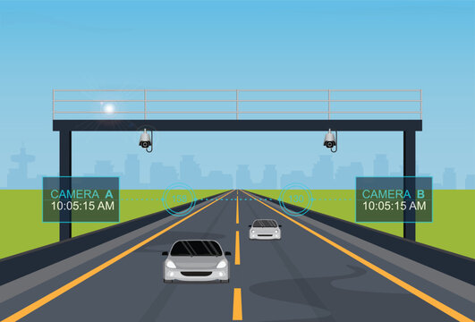 Speed camera monitoring vehicles on the highway in flat design style.
