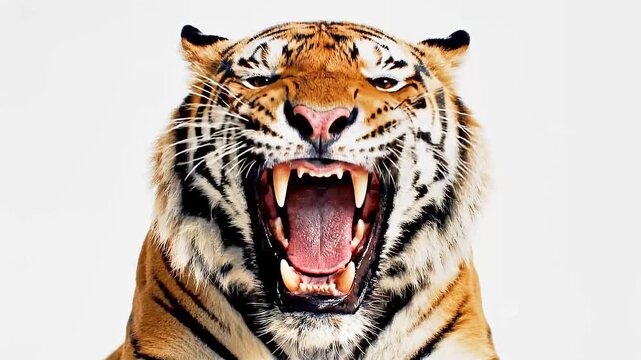Roaring Tiger Isolated on White Background. Close-up portrait of a roaring tiger with mouth wide open, showing sharp fangs and intense expression. Powerful wildlife image isolated