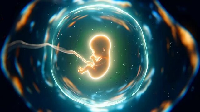 Glowing embryo suspended in amniotic sac, luminescent golden embryo floats within translucent sphere with visible umbilical cord and shimmering fluid, swirling blue and orange highlights,