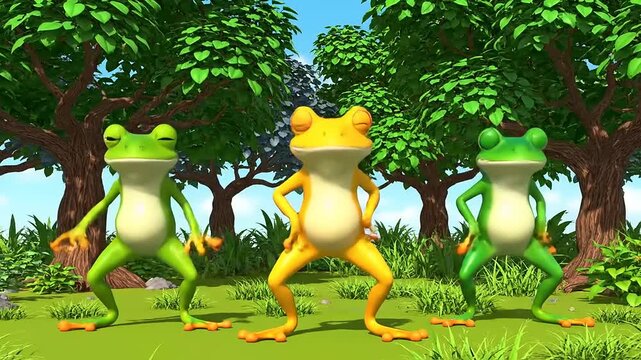 Three cartoon frogs dancing in a grove of trees. Bright colors, animation style. Joyful, playful, silly, humorous, and happy. Fun for children.