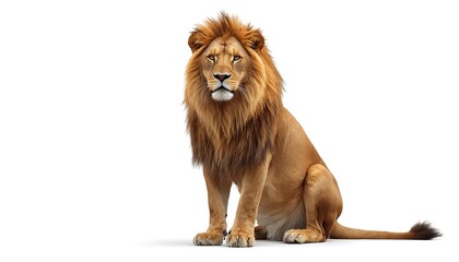 Obraz premium A majestic lion sitting on a plain white background, showcasing its regal mane and powerful physique.