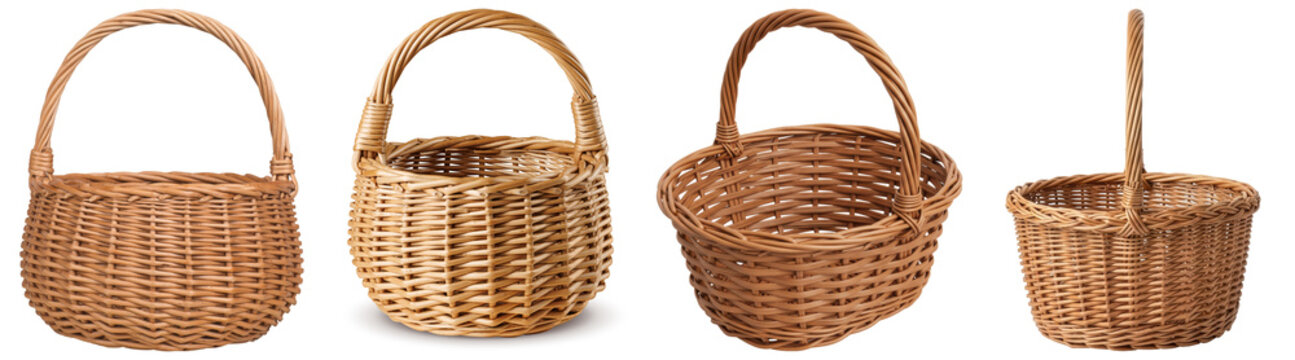 a diverse photographic collection featuring four distinct, intricately woven wicker baskets, ready for various household and decorative uses.