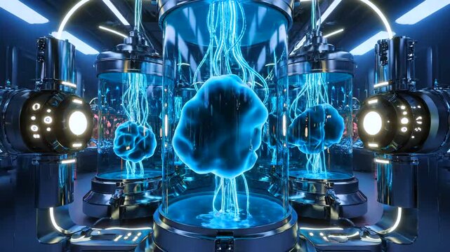 Modern biotechnology facility featuring illuminated bioreactors and robotic systems, Innovative research center equipped with glowing bioreactors and precise robotic handling tools