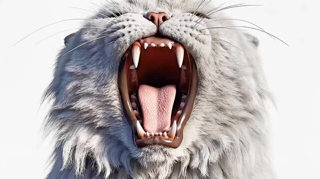 Angry Gray Cat Portrait with Open Mouth Isolated on White Background. High-detail studio portrait of a gray long-haired cat showing an aggressive expression with mouth open and sharp teeth visible.