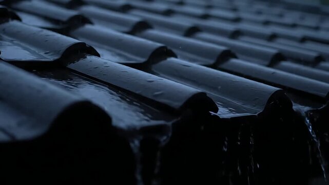 Rain Water on Roof Tiles Video Footage Rainy Weather Background Texture Tile Roofs Nature Scenery Rainstorm Season Roofs Wet Tiles Precipitation
