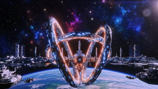 Futuristic space habitat, Orbiting ring with city lights, Hightech station encircling planet with nebula, Advanced astronomical structure orbiting Earth with vibrant city illumination