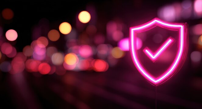 Glowing pink neon shield with check mark icon against blurred urban night bokeh lights, data security and verified protection concept