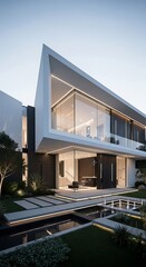 Fototapeta premium Modern house with large glass windows.