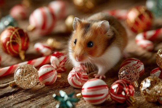 A tiny hamster scurries playfully among miniature red-and-white candy canes and small Christmas tree ornaments scattered on a wooden surface