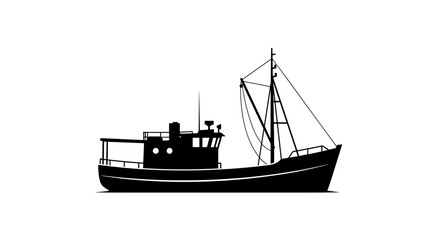 Obraz premium Silhouette of a Fishing Trawler Boat on a White Background.