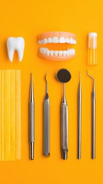 Dental tools and denture models arranged on a bright orange surface, showcasing instruments, tips, and teeth