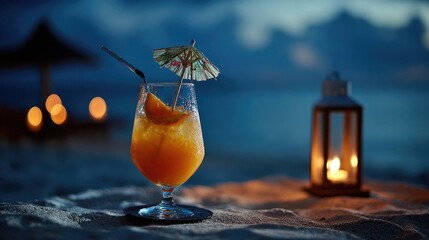 Relaxing Beach Evening Scene Featuring Colorful Cocktail and Soft Candle Glow

