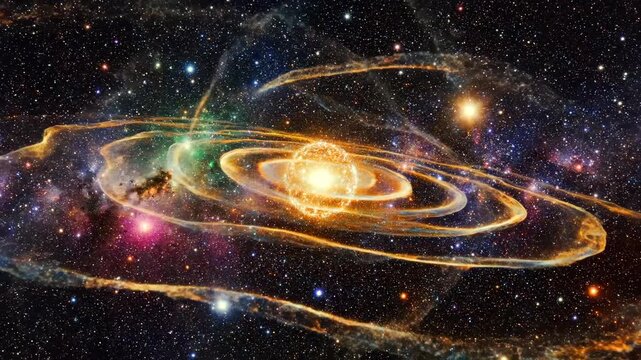 Bright star spins, Glowing star rotates within sparkling rings amid luminous nebula clouds, Shining celestial body spins surrounded by luminous rings and vibrant nebula formations