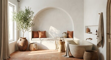 A serene Mediterranean-inspired bathroom featuring a natural stone bathtub, terracotta tile floors, an arched seating area, and a lush olive tree. Elegant, spa-like interior design.