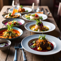Barbecue of delicious grilled meat and grilled vegetables outdoors. Sunny day, blurred background. Space for copies.