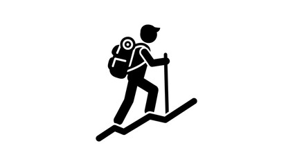 Obraz premium Silhouette hiker with backpack and trekking pole climbing uphill.