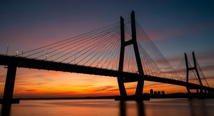 Fototapeta premium Silhouette of cable-stayed bridge at sunset.