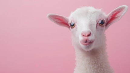 Obraz premium Cute white alpaca on a pink background with copy space
