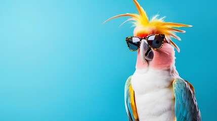 Parrot wearing sunglasses isolated on blue background with copy space for text