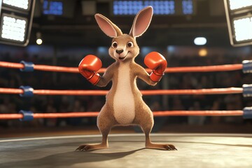 Kangaroo with boxing gloves in boxing ring, 3d render
