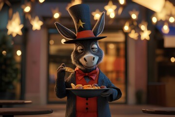 Donkey in a hat with a plate of cookies in his hands.