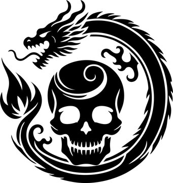 Skull Encircled by Dragon Sil...