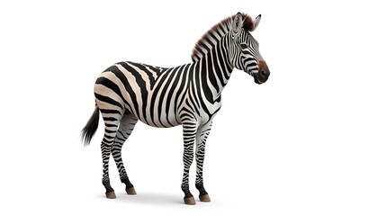 Fototapeta premium A zebra stands alone on a plain white background, showcasing its distinctive black and white stripes.