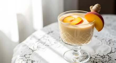 Peach Smoothie in Glass with Garnish.
