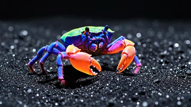 A vibrant crab with multicolored carapace and orange claws stands out against a sparkling black sandy surface